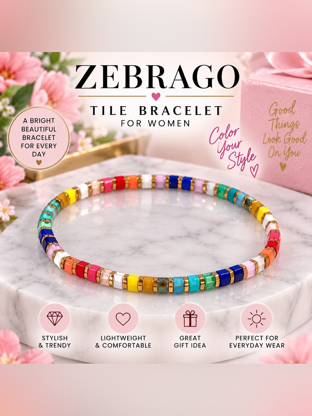 ZEBRAGO Women’s Colorful Tile Beaded Bracelet Multicolor Gold Tone New